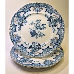 Set Of 3 Alfred Meakin Hamilton Plates 9" Gold Flow Blue Scalloped Salad England